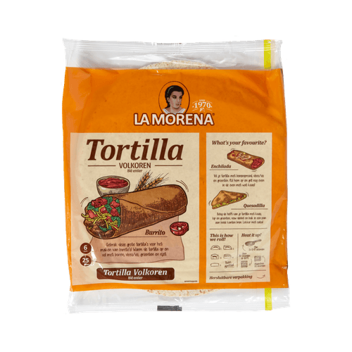 Foto van La Morena Tortilla volkoren op witte achtergrond