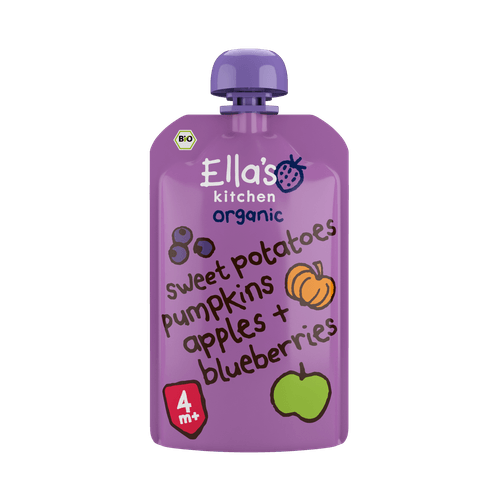Foto van Ella's Kitchen Sweet potato pumpk apple blueb 4 mnd op witte achtergrond