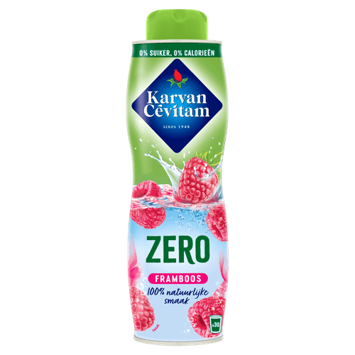 Foto van Karvan Cevitam Limonadesiroop framboos 0% op witte achtergrond