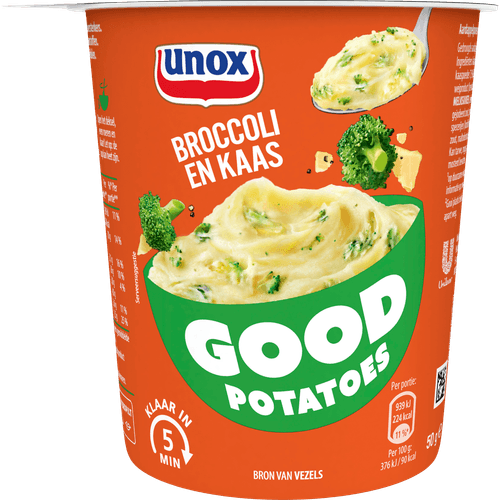 Foto van Unox Good potatoes broccoli kaas op witte achtergrond
