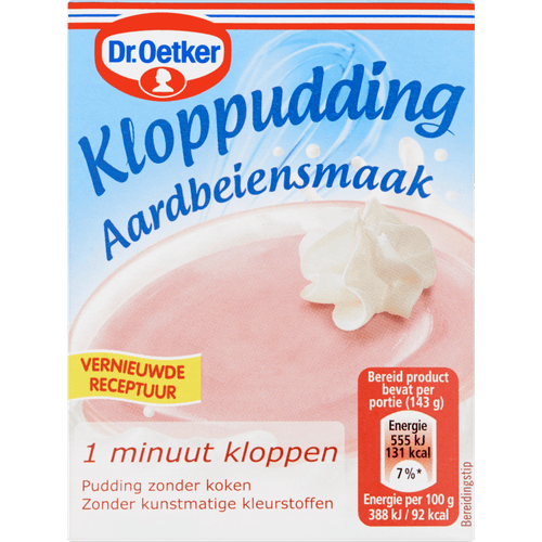 Foto van Dr. Oetker Kloppudding aardbei op witte achtergrond