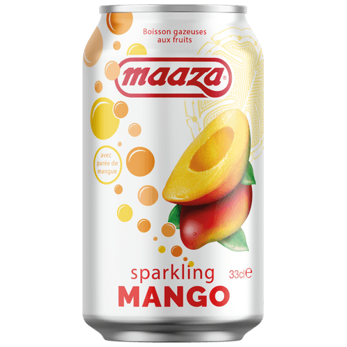 Foto van Maaza Sparkling mango op witte achtergrond