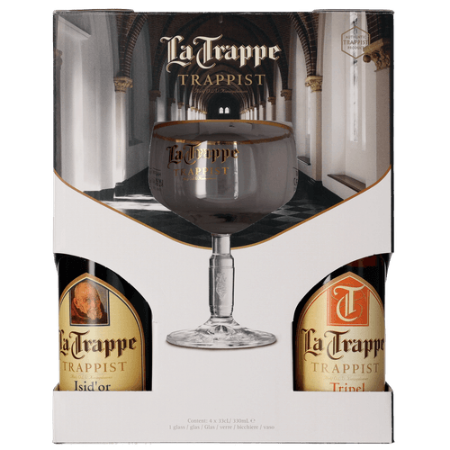 Foto van La Trappe Gvp 4x33cl + glas op witte achtergrond