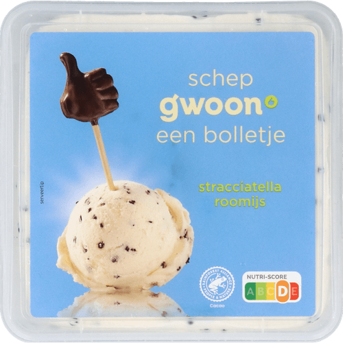 Foto van G'woon Roomijs stracciatella op witte achtergrond