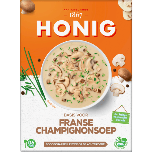 Foto van Honig Franse champignonsoep op witte achtergrond