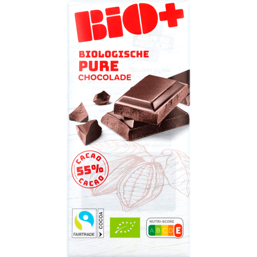 Foto van Bio+ Chocoladereep puur 55% cacao op witte achtergrond