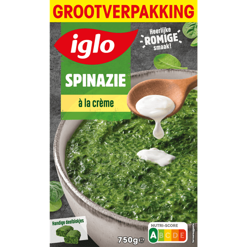 Foto van Iglo Spinazie à la crème deelblokjes op witte achtergrond