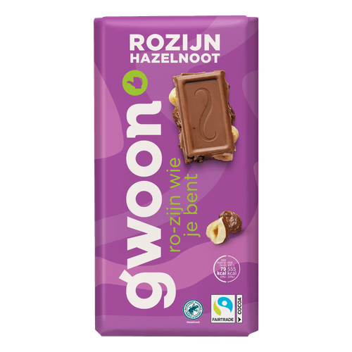 Foto van G'woon Chocoladereep hazelnoot rozijn melk op witte achtergrond
