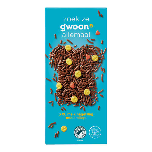 Foto van G'woon Hagelslag xxl melk met emoticons op witte achtergrond