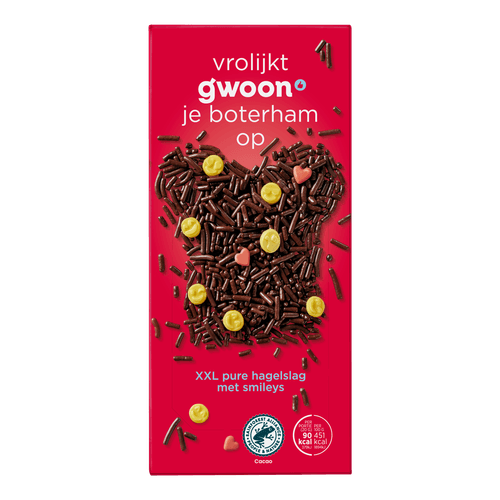 Foto van G'woon Hagelslag xxl puur met emoticons op witte achtergrond