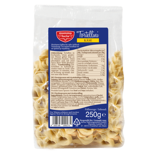 Foto van Mamma Lucia Tortellini kaas op witte achtergrond