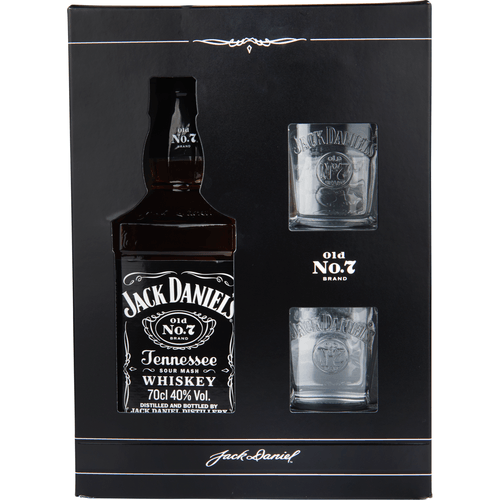 Foto van Jack Daniels Whisky geschenkverpakking op witte achtergrond