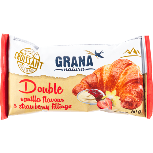 Foto van Grana Natura Croissant vanille en aardbei op witte achtergrond