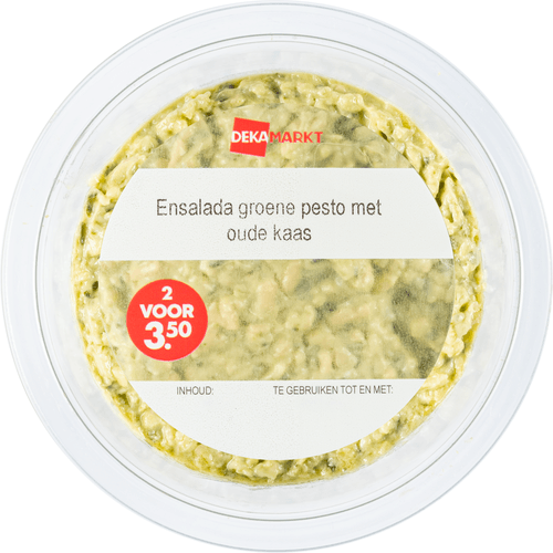 Foto van DekaMarkt Ensalada groene pesto oude kaas op witte achtergrond