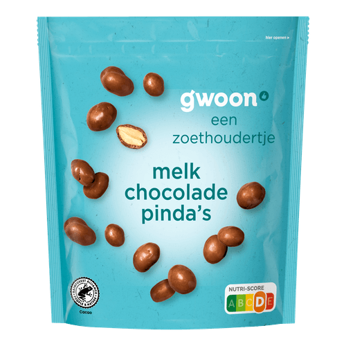 Foto van G'woon Chocolade pindas op witte achtergrond