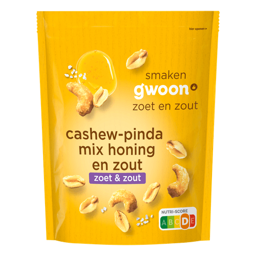 Foto van G'woon Cashew-pinda mix honing en zout op witte achtergrond