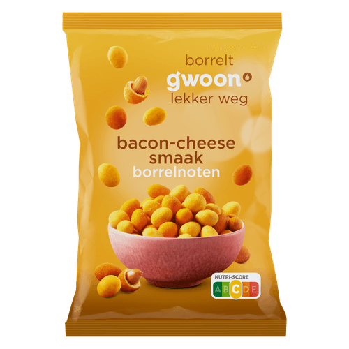 Foto van G'woon Borrelnoten bacon cheese op witte achtergrond