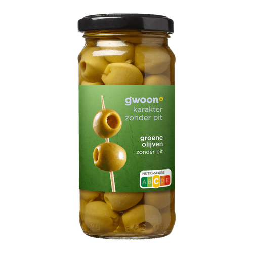 Foto van G'woon Olijven groen zonder pit op witte achtergrond