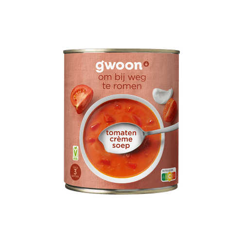 Foto van G'woon Soep tomaten creme op witte achtergrond