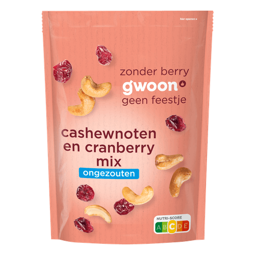 Foto van G'woon Cashewnoten en cranberry mix op witte achtergrond