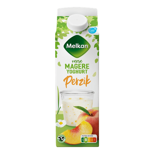 Foto van Melkan Vruchtenyoghurt perzik op witte achtergrond