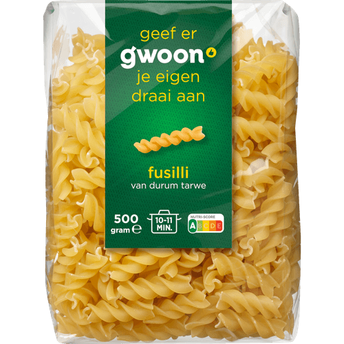 Foto van G'woon Fusilli op witte achtergrond