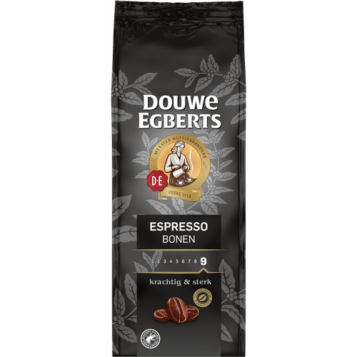 Foto van Douwe Egberts Espresso koffiebonen op witte achtergrond