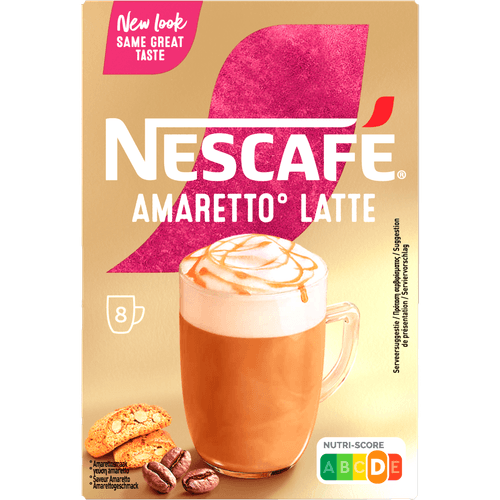 Foto van Nescafé Oploskoffie latte amaretto op witte achtergrond
