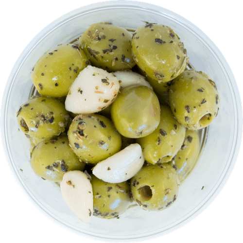 Foto van DekaMarkt Olijven knoflook groen op witte achtergrond