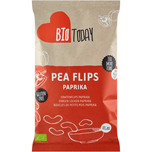 Foto van Bio Today Pea flips paprika op witte achtergrond