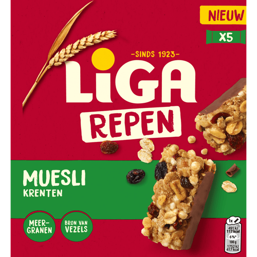 Foto van Liga Repen muesli krenten op witte achtergrond