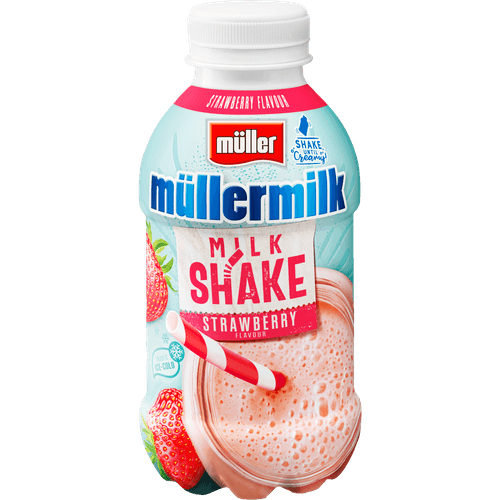 Foto van Müllermilk Milkshake aardbei op witte achtergrond