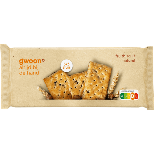 Foto van G'woon Fruitbiscuit naturel 5x3 stuks op witte achtergrond