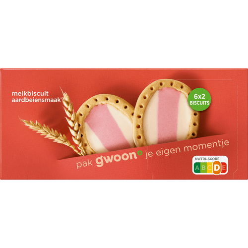 Foto van G'woon Melkbiscuit aardbei 6x2 stuks op witte achtergrond