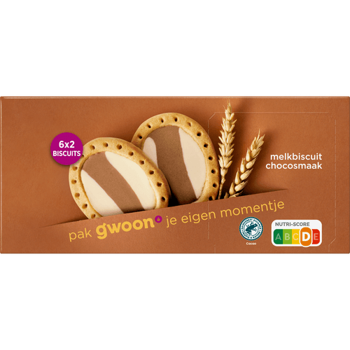 Foto van G'woon Melkbiscuit chocolade 6x2 stuks op witte achtergrond