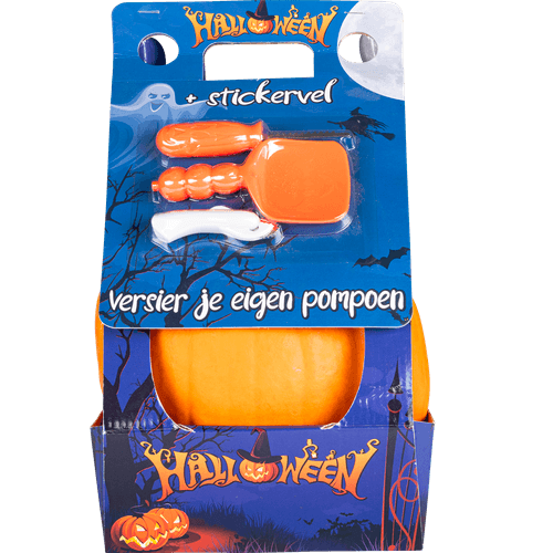 Foto van Dekamarkt Pompoenset halloween op witte achtergrond