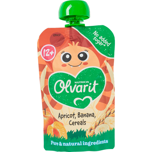 Foto van Olvarit 12m437 abrikoos-banaan-granen op witte achtergrond