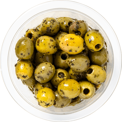 Foto van DekaMarkt Olijven basilicum op witte achtergrond