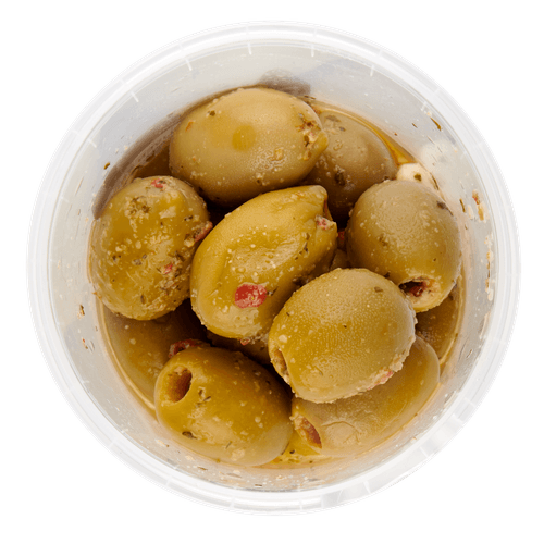 Foto van DekaMarkt Olijven knoflook groen op witte achtergrond