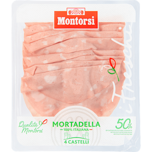 Foto van Montorsi Mortadella bologna igp op witte achtergrond