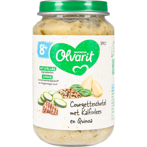 Foto van Olvarit 08m17 courgette-kalfsvlees-quinoa op witte achtergrond