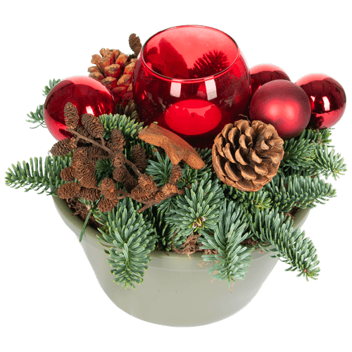 Foto van DekaMarkt Kerststuk in keramiek rood/goud op witte achtergrond