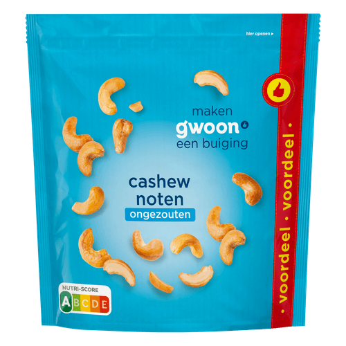 Foto van G'woon Cashewnoten ongezouten op witte achtergrond