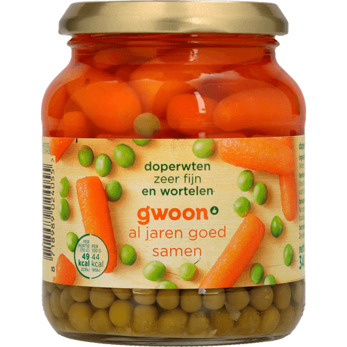 Foto van G'woon Doperwten en wortelen extra fijn op witte achtergrond