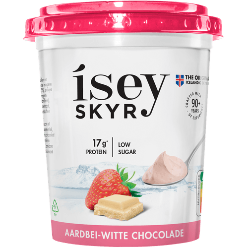 Foto van Isey skyr Aardbei-witte chocolade op witte achtergrond