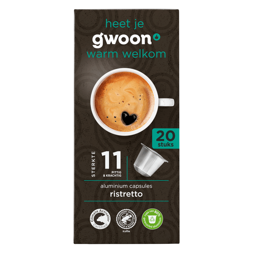 Foto van G'woon Koffiecapsules ristretto op witte achtergrond