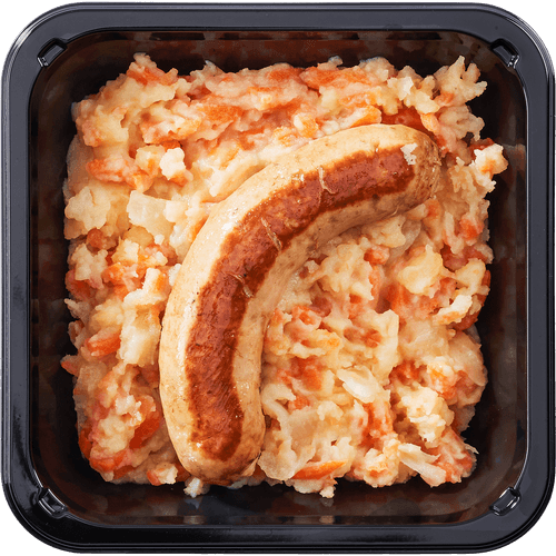 Foto van DekaMarkt Hutspot met rundersaucijs op witte achtergrond