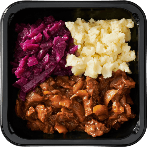 Foto van DekaMarkt Hachee met rode kool op witte achtergrond