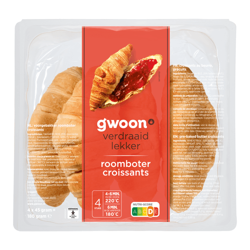 Foto van G'woon Croissants roomboter 4 stuks op witte achtergrond