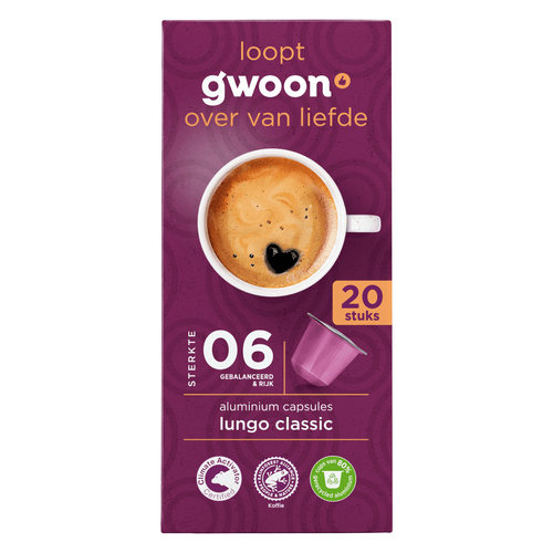 Foto van G'woon Koffiecapsules lungo classic op witte achtergrond